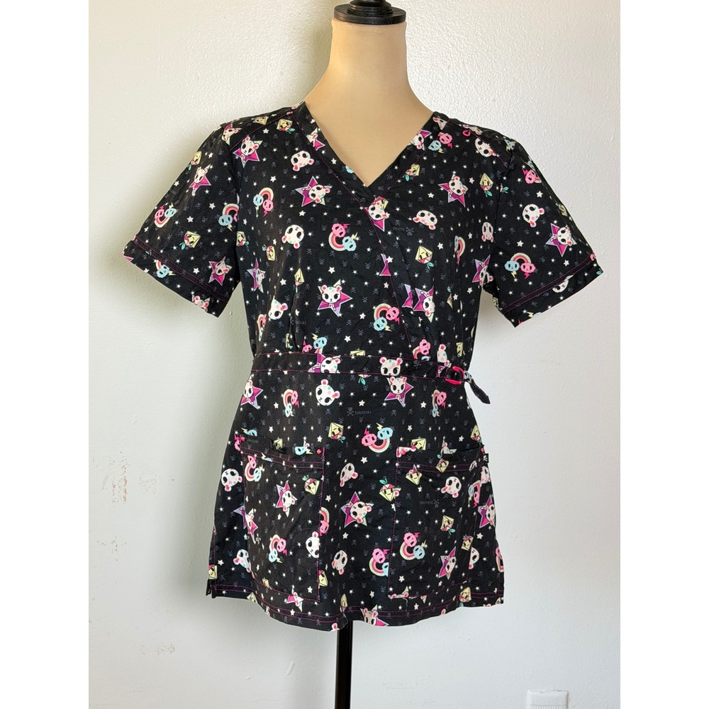 Tokidoki by Koi Women's Black Character Print Scrub Top Size Medium